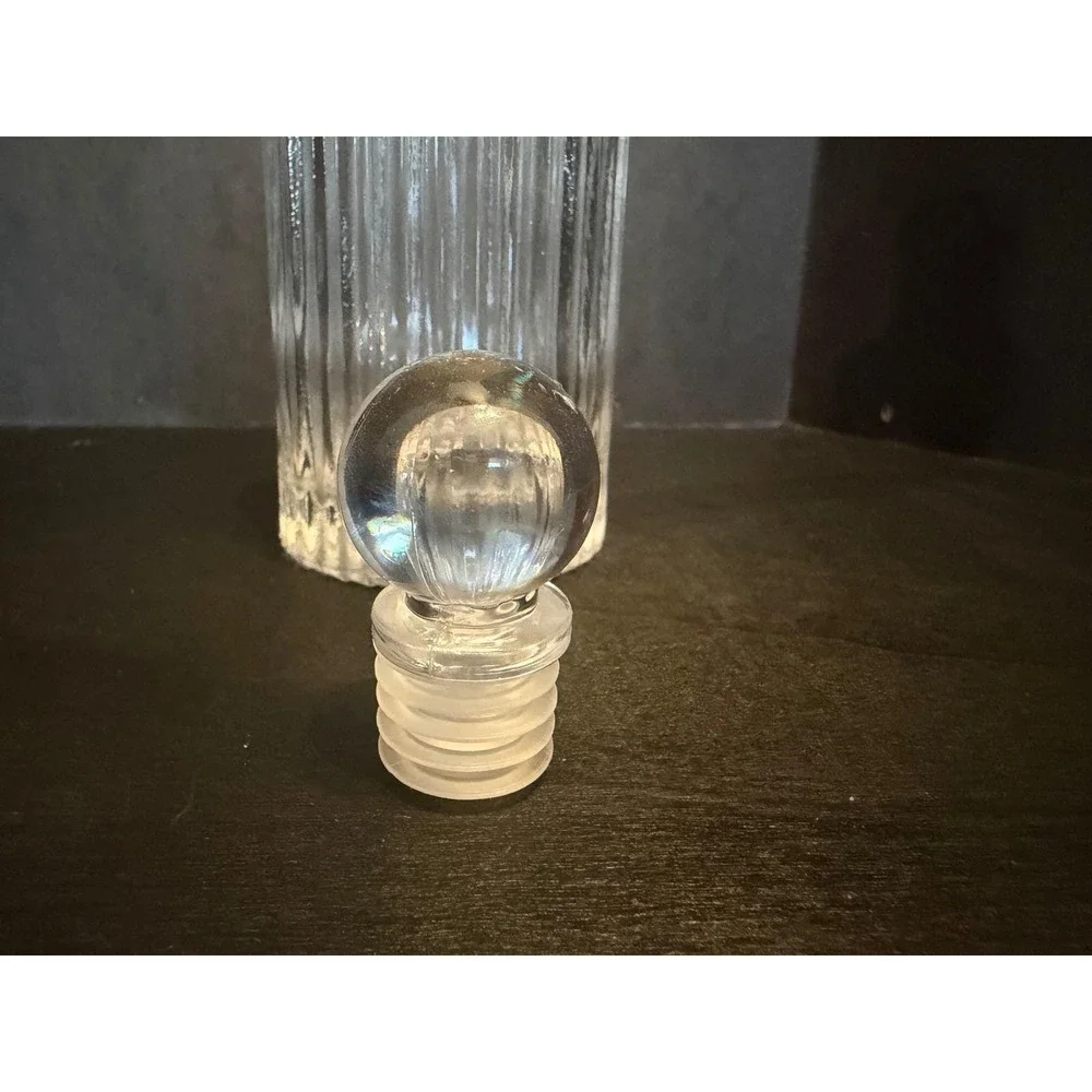 Vintage Ribbed Clear Glass Decanter with Round Ball Stopper 6.5 Inch